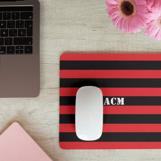 Tapis De Souris Monogramme Moderne Bandes Noires et Rouges