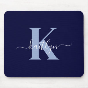 Tapis De Souris Monogramme Moderne en Écriture Manuscrite Bleu Nui