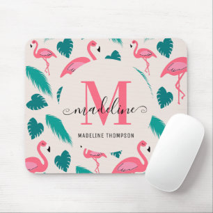 Tapis De Souris Monogramme moderne Feuilles tropicaux Flamant rose