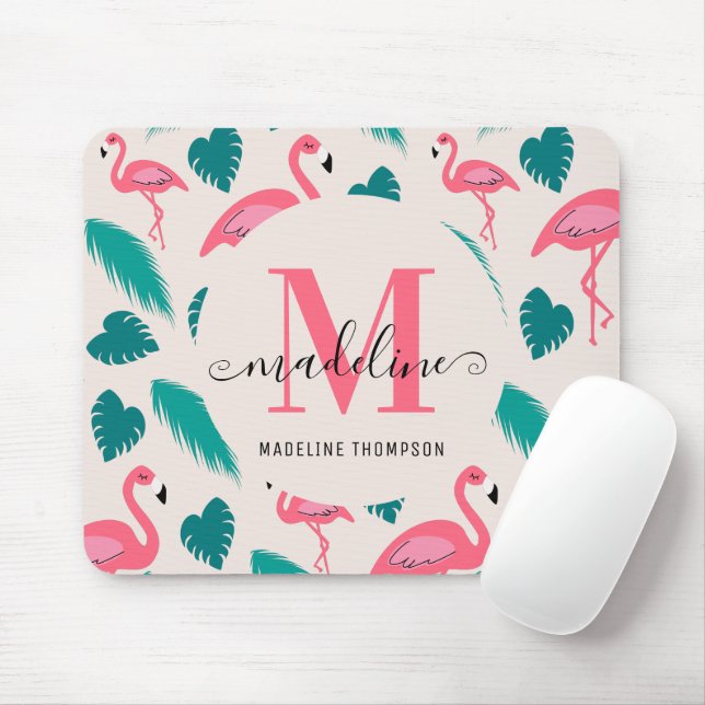 Tapis De Souris Monogramme moderne Feuilles tropicaux Flamant rose (Avec souris)