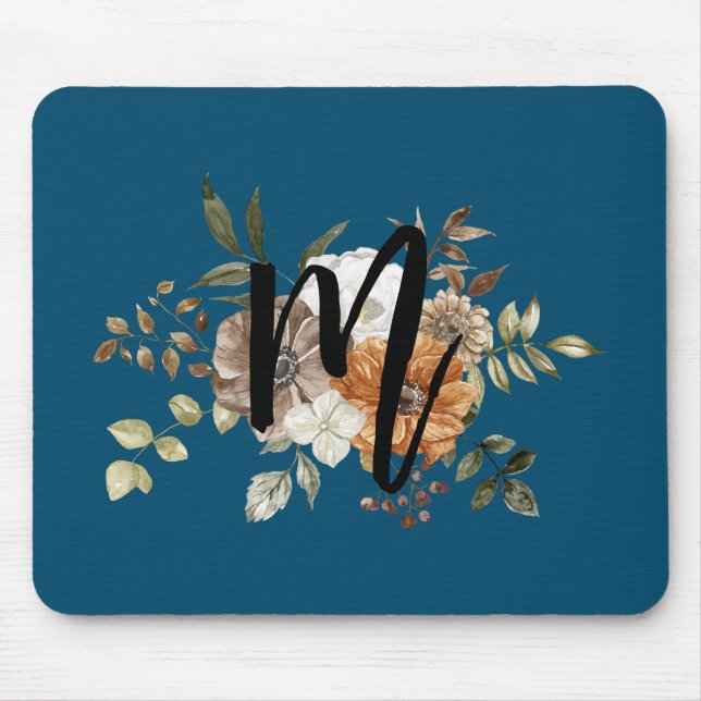 Tapis De Souris Monogramme Moderne floral Initial bleu marine (Devant)
