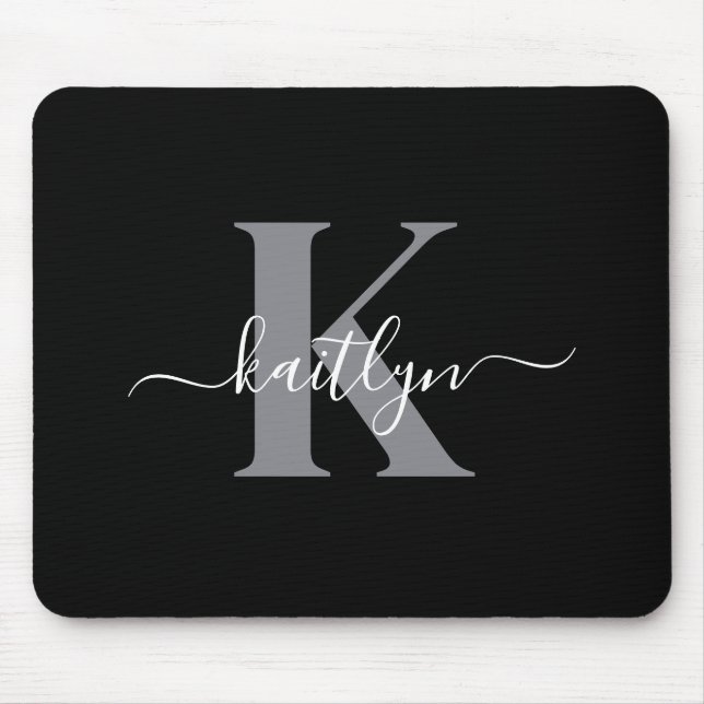Tapis De Souris Monogramme moderne gris noir script (Devant)