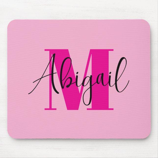 Tapis De Souris Monogramme moderne noir et rose vif (Devant)