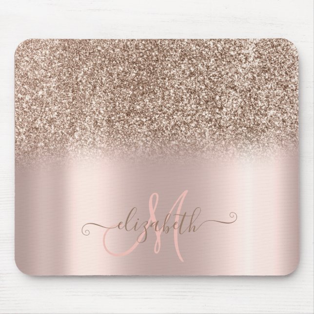Tapis De Souris Monogramme moderne or rose avec ombre à paillettes (Devant)