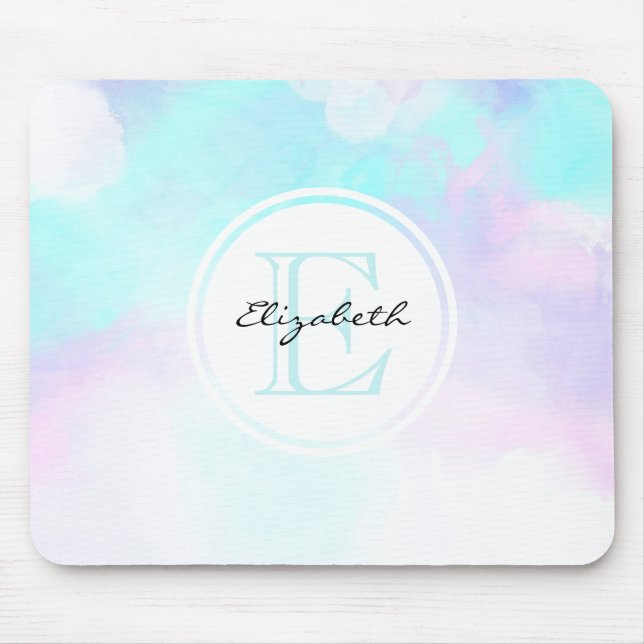 Tapis De Souris Monogramme moderne Pastel Blue & Purple Aquarelle (Devant)