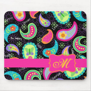 Tapis De Souris Monogramme moderne rose fuchsia noir de Paisley