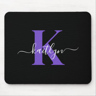 Tapis De Souris Monogramme Moderne Violet Noir Script