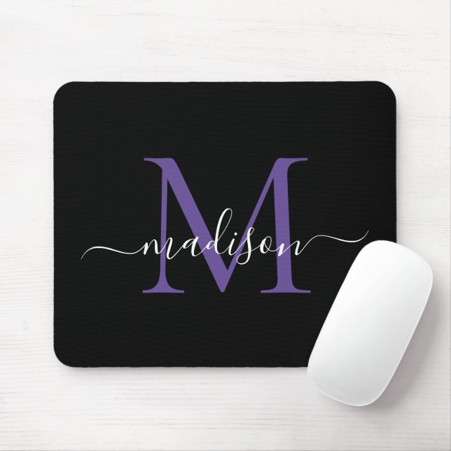 Tapis De Souris Monogramme moderne Violet violet noir Script de fi (Avec souris)