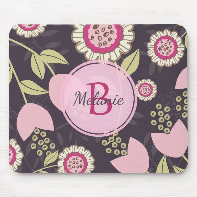 Tapis De Souris Monogramme Motif de tulipe rose moderne (Devant)