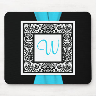 Tapis De Souris Monogramme Noir, Bleu, Blanc Damas Mousepad