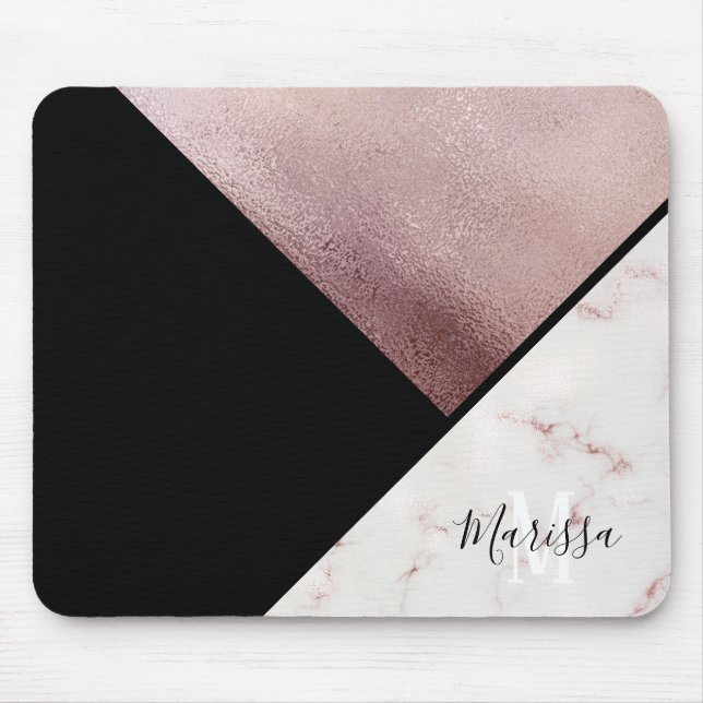 Tapis De Souris Monogramme noir et rose Girly d'abrégé sur marbre (Devant)
