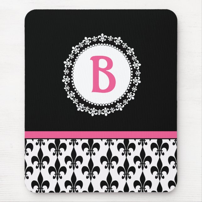 Tapis De Souris Monogramme noir rose Fleur de Lis (Devant)