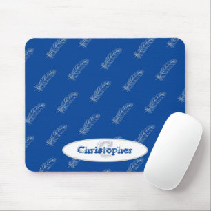 Tapis De Souris Monogramme Nom Plumes Motif Blanc Bleu Moderne