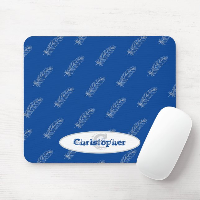 Tapis De Souris Monogramme Nom Plumes Motif Blanc Bleu Moderne (Avec souris)