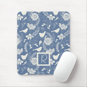 Tapis De Souris Monogrammé Oiseaux et Fleurs Bleus et Crème