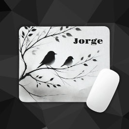Tapis De Souris Monogramme Oiseaux noirs et blancs simples dans le