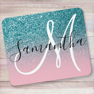 Tapis De Souris Monogramme Ombre rose et Turquoise Parties scintil
