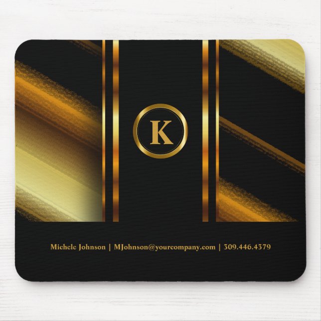 Tapis De Souris Monogramme Or foncé et bandes diagonales noires (Devant)