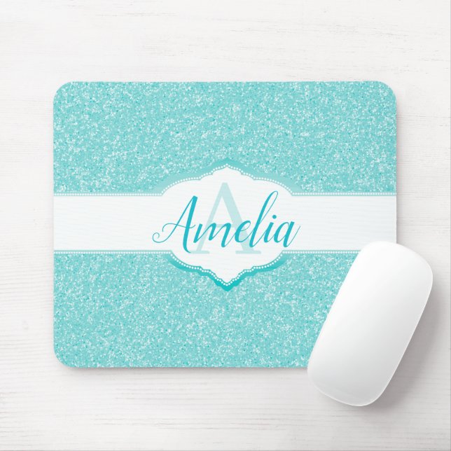 Tapis De Souris Monogramme Parties scintillant turquoise (Avec souris)