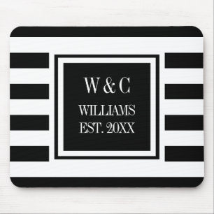 Tapis De Souris Monogramme personnalisé à rayures noires et blanch