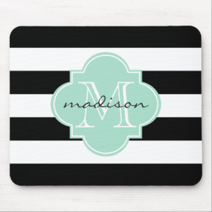 Tapis De Souris Monogramme personnalisé des rayures noires et de l