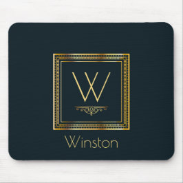 Tapis De Souris Monogramme personnalisé doré sur bleu foncé