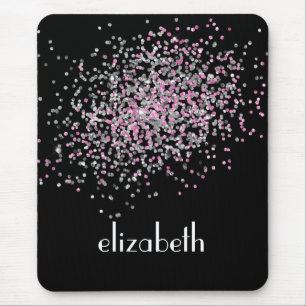 Tapis De Souris Monogramme Personnalisé Noir Rose Paillettes Argen