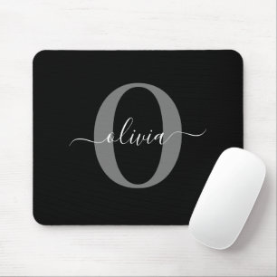 Tapis De Souris Monogramme personnalisé Nom de script noir blanc g