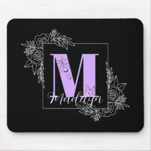 Tapis De Souris Monogramme personnalisé papillon floral violet - L