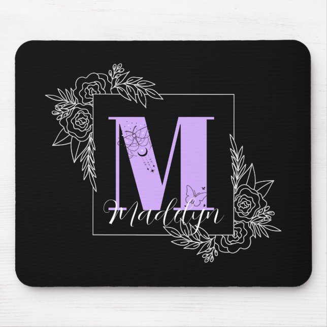 Tapis De Souris Monogramme personnalisé papillon floral violet - L (Devant)