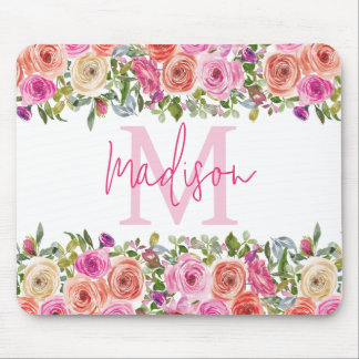 Tapis De Souris Monogramme | Personnalisez | Aquarelle | Floral
