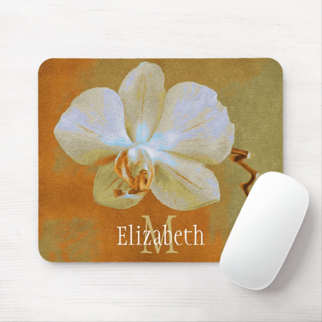 Tapis De Souris Monogramme personnel Orchidée blanche Golden Green (Avec souris)
