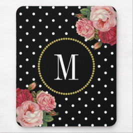 Tapis De Souris Monogramme Pois d'antiquité noir classique