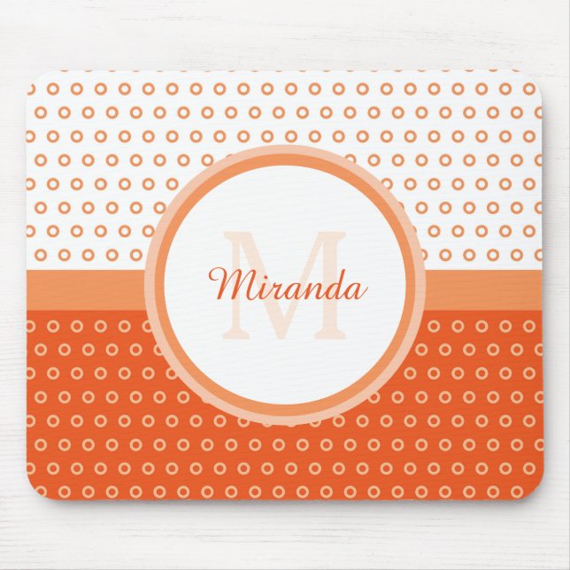 Tapis De Souris Monogramme Pois orange et blanc avec nom (Devant)