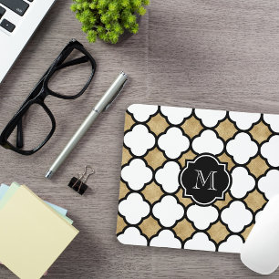 Tapis De Souris Monogramme Quatrefeuilles Géométrique Or Noir Blan