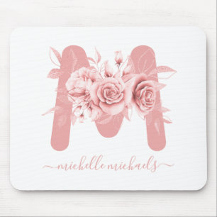 Tapis De Souris Monogramme Rose d'aquarelle florale blanc or