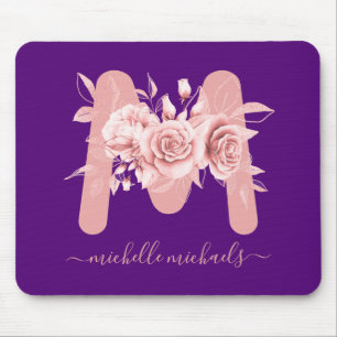 Tapis De Souris Monogramme Rose d'aquarelle florale violet d'or