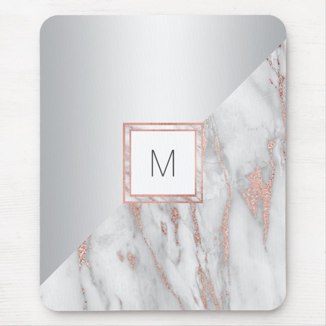 Tapis De Souris MONOGRAMME rose élégant d'argent de marbre d'or (Devant)