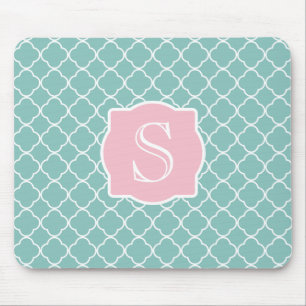 Tapis De Souris Monogramme rose vert clair de Quatrefoil