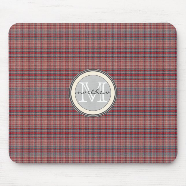 Tapis De Souris Monogramme rouge d'arrière - plan de plaid (Devant)