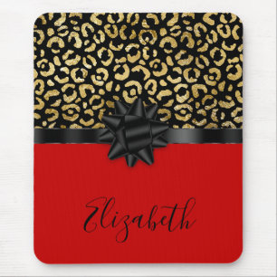 Tapis De Souris Monogramme Rouge Noir Or Imprimé Léopard Nœud Tend