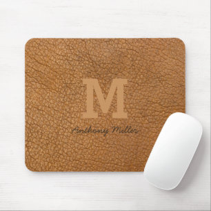 Tapis De Souris Monogramme Russe Cuir Brown Nom Script Moderne