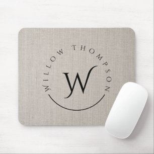 Tapis De Souris Monogramme Rustique Linge Beige Élégant Script