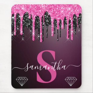 Tapis De Souris Monogramme scintillant rose chaud et noir qui dégo