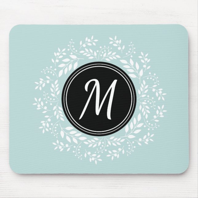 Tapis De Souris Monogramme sur mesure de la couronne végétale bleu (Devant)