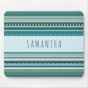 Tapis De Souris Monogramme Tribal Turquoise Bleu rayures Motif Mou