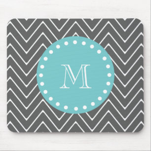 Tapis De Souris Monogramme turquoise du motif de Chevron de gris