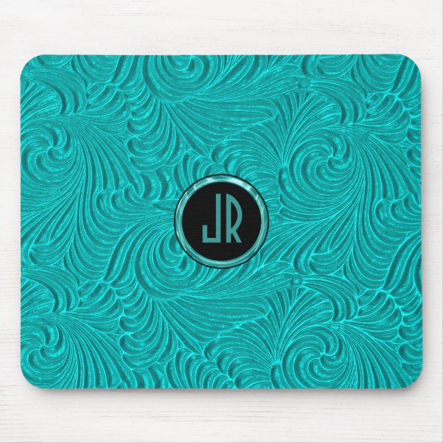 Tapis De Souris Monogramme Turquoise Embossés Damas Florales (Devant)