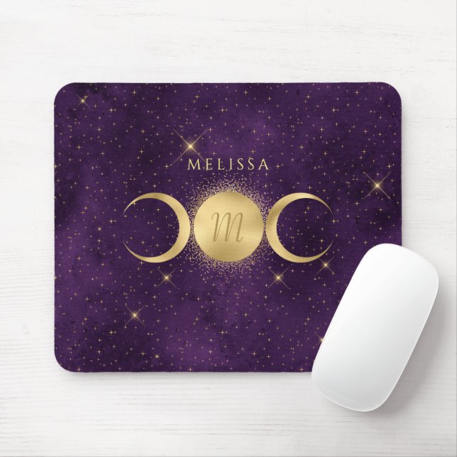 Tapis De Souris Monogramme violet céleste triple lune dorée (Avec souris)
