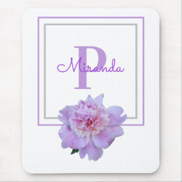 Tapis De Souris Monogramme violet encadré Fleur de pivoine rose